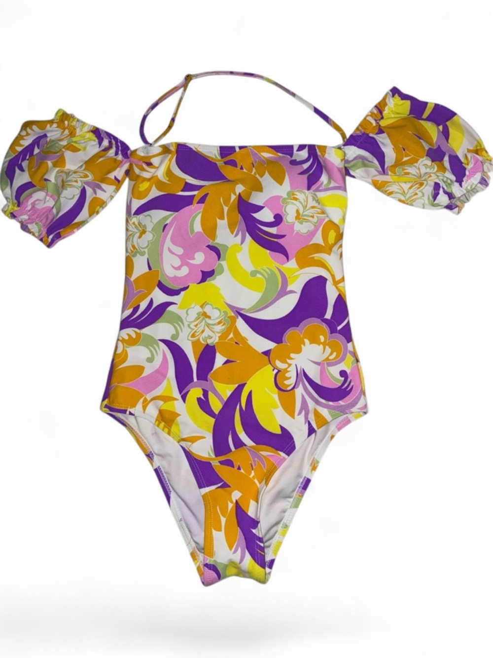 BCBG Multicolor Floral One-Piece Swimsuit — Purple, Yellow, White